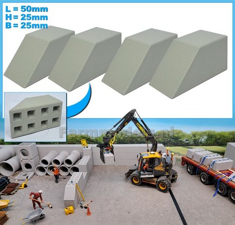 4x STAPELBLOK 4x2 VLAK/ SCHUINE KANT  Afmeting blok: 50 x 25 x 25mm   Materiaal GRIJS KUNSTSTOF, CONCRETE BETONLOOK Gespoten geleverd  1:32    