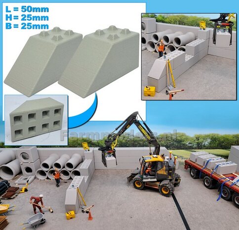 2x STAPELBLOK 4x2 NOKKEN/ SCHUINE VOORKANT  Afmeting blok: 50 x 25 x 25mm   Materiaal GRIJS KUNSTSTOF, CONCRETE BETONLOOK Gespoten geleverd  1:32    