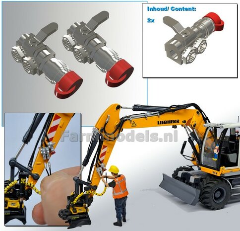 2x HYDRAULIEK &quot;VROUW&quot; met KOGELKRAAN ENKEL, stand DICHT met BESCHERMKAP ROOD  Materiaal Resin ALUMINIUM met ROOD gespoten geleverd  1:32    