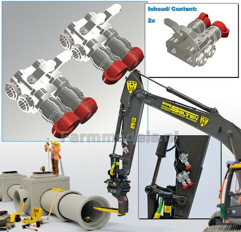 2x HYDRAULIEK &quot;VROUW&quot; met KOGELKRAAN DUBBEL, stand DICHT met BESCHERMKAP ROOD  Materiaal Resin ALUMINIUM met ROOD gespoten geleverd  1:32    