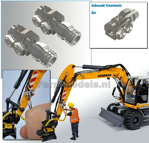 2x HYDRAULIEK &quot;VROUW&quot; met KOGELKRAAN ENKEL, stand OPEN   Materiaal Resin ALUMINIUM gespoten geleverd  1:32    