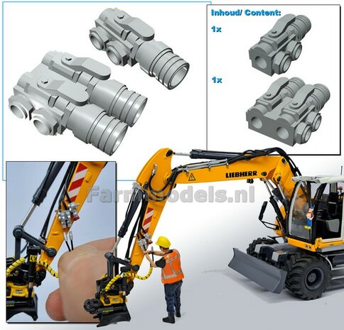 2x HYDRAULIEK &quot;VROUW&quot; met KOGELKRAAN, 1x ENKEL + 1x DUBBEL, stand OPEN  Materiaal RESIN BLANK geleverd  1:32    
