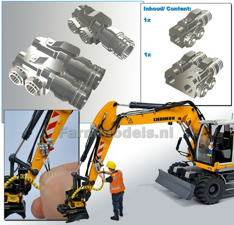 2x HYDRAULIEK &quot;VROUW&quot; met KOGELKRAAN, 1x ENKEL + 1x DUBBEL, stand OPEN  Mat. Resin ALUMINIUM  gespoten geleverd  1:32    