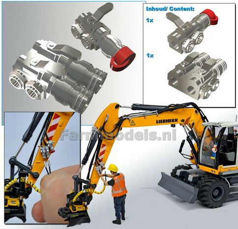 2x HYDRAULIEK &quot;VROUW&quot; met KOGELKRAAN, 1x ENKEL stand DICHT met BESCHERMKAP + 1x DUBBEL stand OPEN Mat. Resin ALUMINIUM met ROOD MATT gespoten geleverd  1:32    