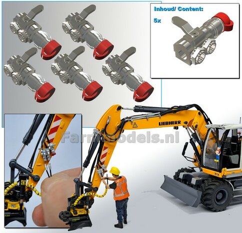 5x HYDRAULIEK &quot;VROUW&quot; met KOGELKRAAN ENKEL, stand DICHT met BESCHERMKAP ROOD  Materiaal Resin ALUMINIUM met ROOD gespoten geleverd  1:32    