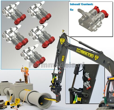 5x HYDRAULIEK &quot;VROUW&quot; met KOGELKRAAN DUBBEL, stand DICHT met BESCHERMKAP ROOD  Materiaal Resin ALUMINIUM met ROOD gespoten geleverd  1:32    