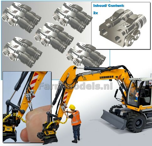 5x HYDRAULIEK &quot;VROUW&quot; met KOGELKRAAN DUBBEL, stand OPEN   Materiaal Resin ALUMINIUM gespoten geleverd  1:32    