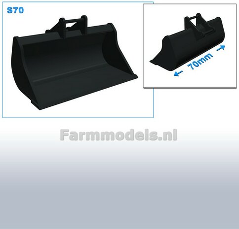Slotenbak 70 mm breed  ZWART MATT gespoten t.b.v. S70 KOPPELING (o.a. Engcon draaikantelstuk met S70 koppeling, Volvo EC220E kranen van AT) 1:32  