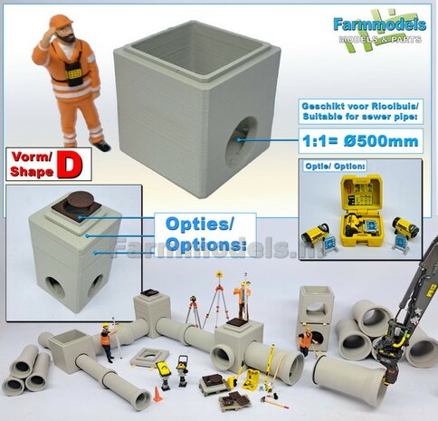 1x INSPECTIEPUT VORM D-BM aansluiting 1x &Oslash; "500" Rioolbuis: (Betonnen) Vierkante put KUNSTSTOF, BETONLOOK gespoten geleverd  1:32    