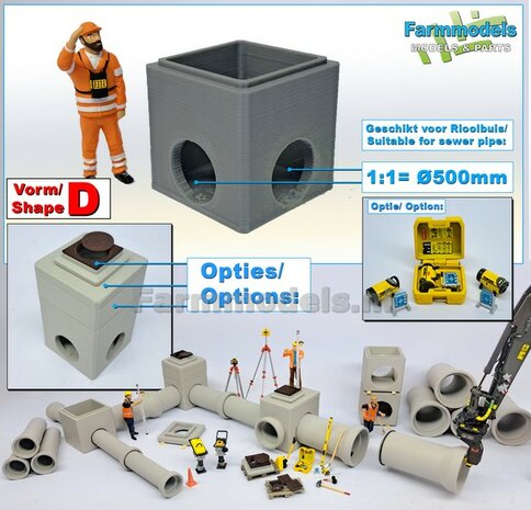 1x INSPECTIEPUT VORM D-BM aansluiting 2x  &Oslash; "500" Rioolbuis IN HOEK: Vierkante put KUNSTSTOF, BLANK Geleverd  1:32    