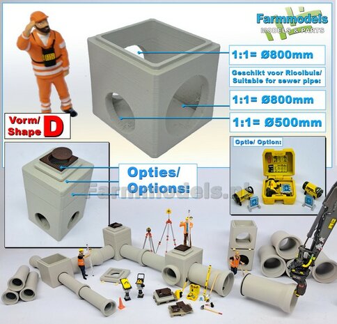 1x INSPECTIEPUT VORM D-BM aansluiting 1x &Oslash; "500" + 2x &Oslash; "800" Rioolbuis: (Betonnen) Vierkante put KUNSTSTOF, BETONLOOK gespoten geleverd  1:32    