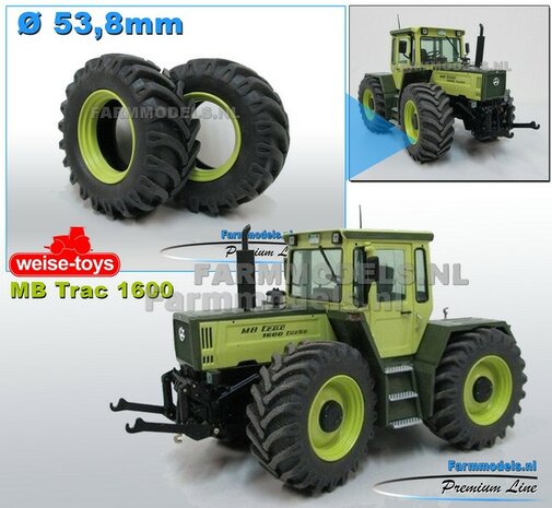 &Oslash; 53.8 mm: 2x MB TRAC 1600 Inlegring/ velgverbreder MB TRAC GROEN gespoten + Brede vooras Banden voor MB trac 1600 1:32           
