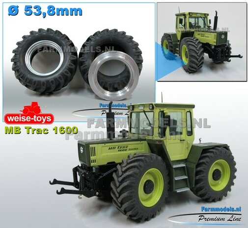 &Oslash; 53.8 mm: 2x MB TRAC 1600 Inlegring/ velgverbreder BLANK geleverd + Brede vooras Banden voor MB trac 1600 1:32           