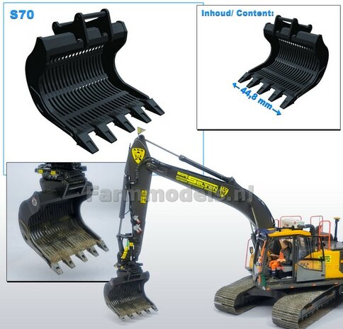 Puinriek HEAVY DUTY met vaste TANDEN 44.8 mm breed Resin ZWART MATT Gespoten geleverd t.b.v. S70 KOPPELING  1:32  