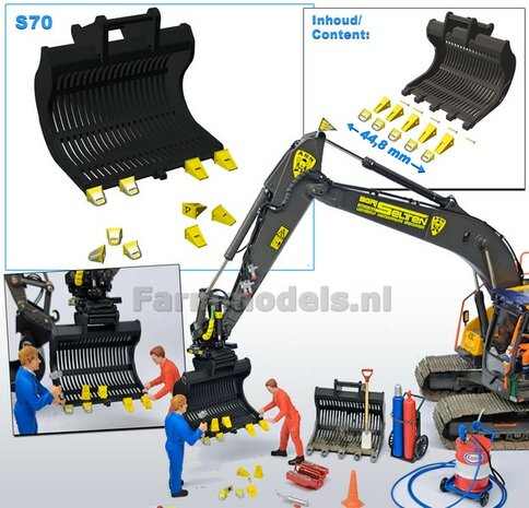 Puinriek HEAVY DUTY ZWART MATT + 2x 5 LOSSE TANDEN GEEL + SLIJTAGE 44.8 mm breed RESIN op KLEUR t.b.v. S70 KOPPELING 1:32  