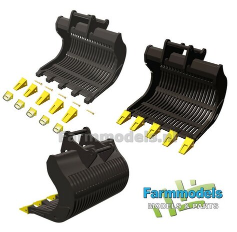 Puinriek HEAVY DUTY ZWART MATT + 2x 5 LOSSE TANDEN GEEL + SLIJTAGE 44.8 mm breed RESIN op KLEUR t.b.v. S70 KOPPELING 1:32  