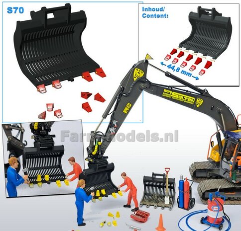 Puinriek HEAVY DUTY ZWART MATT + 2x 5 LOSSE TANDEN ROOD + SLIJTAGE 44.8 mm breed RESIN op KLEUR t.b.v. S70 KOPPELING 1:32  