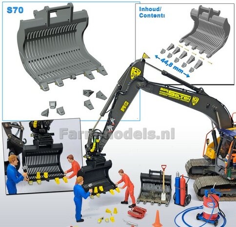 Puinriek HEAVY DUTY RESIN + 5 LOSSE TANDEN +  5x SLIJTAGE TANDEN 44.8 mm breed RESIN t.b.v. S70 KOPPELING 1:32  