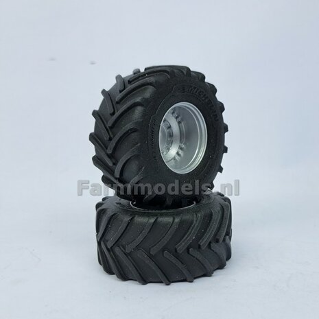 &Oslash; 54.8 x 25.8 mm: CASE-STEYR-NH: 2x Michelin Axiobib2 Banden + Resin Velgen ALU-METALIC gespoten geleverd 1:32  Farmmodels Prem. Line Series 