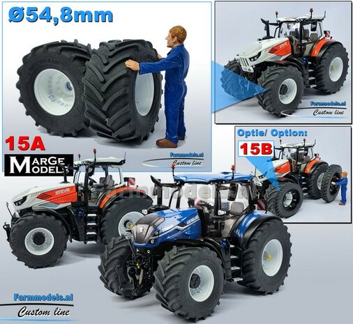 &Oslash; 54.8 x 25.8 mm: CASE-STEYR-NH: 2x Michelin Axiobib2 Banden + Resin Velgen WIT GLANS gespoten geleverd 1:32  Farmmodels Prem. Line Series 