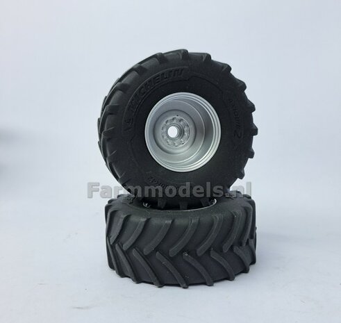 &Oslash; 70.3 x 30.4 mm: CASE-STEYR-NH: 2x Michelin Axiobib2 Banden + Resin Velgen ALU-METALIC gespoten geleverd 1:32  Farmmodels Prem. Line Series 