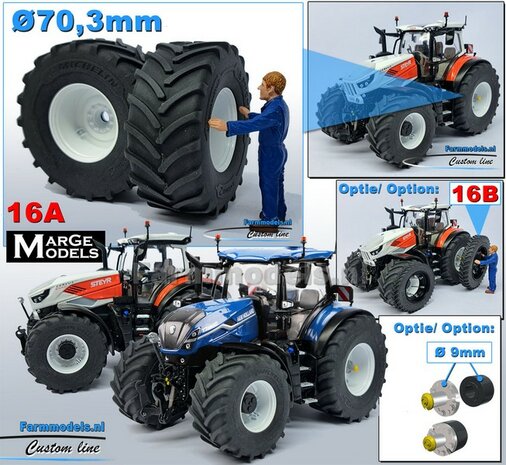 &Oslash; 70.3 x 30.4 mm: CASE-STEYR-NH: 2x Michelin Axiobib2 Banden + Resin Velgen WIT GLANS gespoten geleverd 1:32  Farmmodels Prem. Line Series 