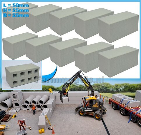 10x STAPELBLOK 4x2 VLAK Afm. blok: 50 x 25 x 25mm  Mat. GRIJS KUNSTSTOF CONCRETE BETONLOOK Gespoten  1:32   NB2B 