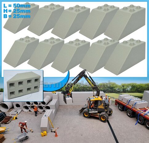 10x STAPELBLOK 4x2 NOKKEN/SCHUIN Afm. blok: 50 x 25 x 25mm GRIJS KUNSTSTOF CONCRETE BETONLOOK Gespoten 1:32  NB2B  