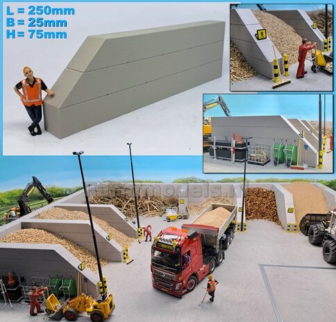 WAND STAPELBLOK SCHUIN/RECHT VOORKANT VLAK BOVEN Afm: 250 x 25 x 75mm KUNSTSTOF, BETONLOOK Geleverd  1:32  NB2B 