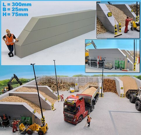 WAND STAPELBLOK SCHUIN/RECHT VOORKANT VLAK BOVEN Afm: 300 x 25 x 75mm KUNSTSTOF, BETONLOOK Geleverd  1:32   NB2B 