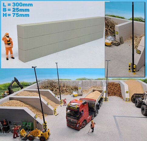 WAND STAPELBLOK RECHT VOOR VLAK BOVEN Afm: 300 x 25 x 75mm KUNSTSTOF, BETONLOOK Gespoten geleverd  1:32   NB2B 