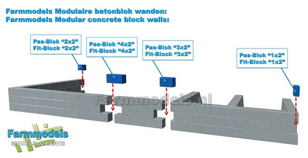 4x PAS-BLOK "1x2" t.b.v. MODULAIRE WANDEN verbinding Materiaal KUNSTSTOF, BETONLOOK Gespoten geleverd  1:32   NB2B