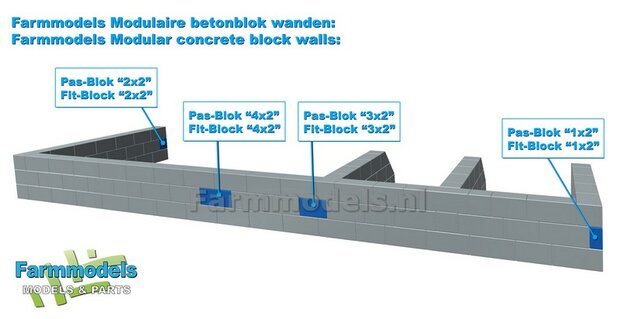 4x PAS-BLOK "1x2" t.b.v. MODULAIRE WANDEN verbinding Materiaal KUNSTSTOF, BETONLOOK Gespoten geleverd  1:32   NB2B