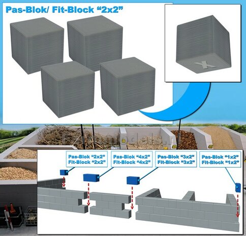 4x PAS-BLOK "2x2" t.b.v. MODULAIRE WANDEN verbinding Materiaal GRIJS KUNSTSTOF, BLANK Geleverd  1:32   NB2B 