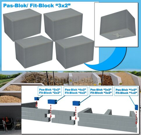 4x PAS-BLOK "3x2" t.b.v. MODULAIRE WANDEN verbinding Materiaal GRIJS KUNSTSTOF, BLANK Geleverd  1:32   NB2B