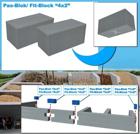 2x PAS-BLOK "4x2" t.b.v. MODULAIRE WANDEN verbinding Materiaal GRIJS KUNSTSTOF, BLANK Geleverd  1:32   NB2B 