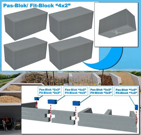 4x PAS-BLOK "4x2" t.b.v. MODULAIRE WANDEN verbinding Materiaal GRIJS KUNSTSTOF, BLANK Geleverd  1:32    NB2B