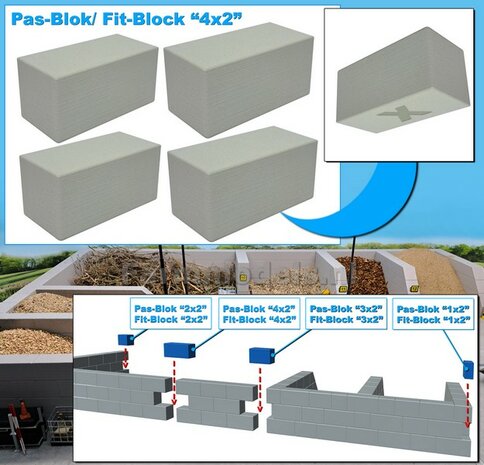 4x PAS-BLOK "4x2" t.b.v. MODULAIRE WANDEN verbinding Materiaal KUNSTSTOF, BETONLOOK Gespoten geleverd  1:32  NB2B   
