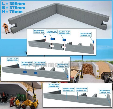 L-WAND MODULAIR STAPELBLOKKEN RECHTE VOORKANTEN VLAK BOVEN Afm: 350 x 375 x 75mm GRIJS KUNSTSTOF, BLANK Geleverd  1:32    