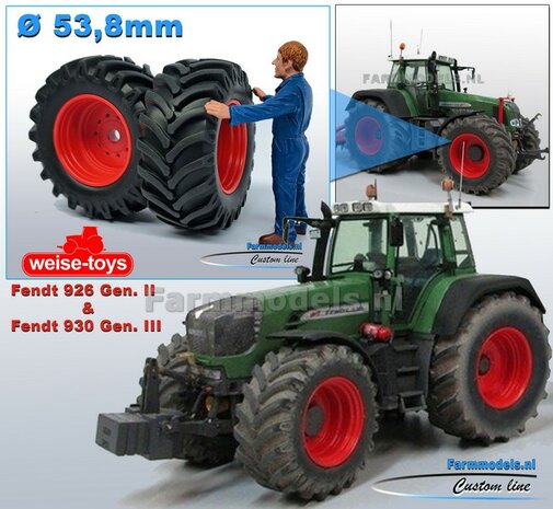 &Oslash; 53.8 x 22.8 mm: Fendt 926 Gen II &amp; 930 Gen III WT: 2x Brede Vooras banden + ALU. velgen FENDT ROOD Gespoten geleverd 1:32 Custom Line Series 