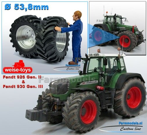  &Oslash; 53.8 x 22.8 mm: Fendt 926 Gen II &amp; 930 Gen III WT: 2x Brede Vooras banden + ALUMINIUM velgen BLANK geleverd 1:32 Farmmodels Custom Line Series 