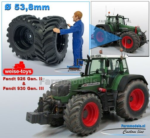 &Oslash; 53.8 x 22.8 mm: Fendt 926 Gen II &amp; 930 Gen III WT: 2x Brede Vooras banden + ALU. velgen ZWART GLANS Gespoten geleverd 1:32 Custom Line Series 
