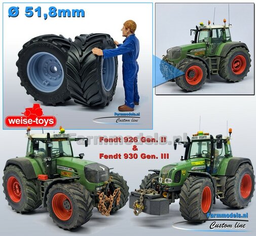&Oslash; 51.8 x 23.7 mm: Fendt 926/930 WeiseToys: 2x Brede Vooras banden + velgen BLANK geleverd 1:32 Farmmodels Custom Line Series