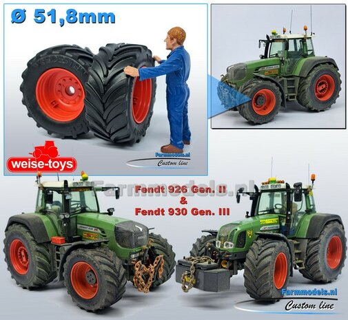 &Oslash; 51.8 x 23.7 mm: Fendt 926/930 WeiseToys: 2x Brede Vooras banden + velgen FENDT ROOD geleverd 1:32 Farmmodels Custom Line Series
