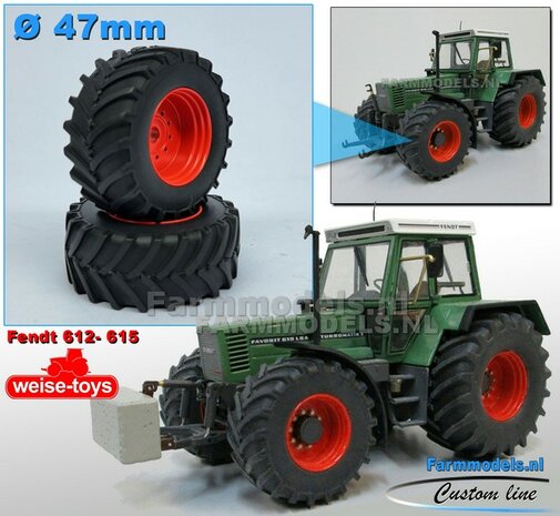 &Oslash; 47 x 20,5 mm: Fendt 612- 615 WeiseToys: 2x Brede Vooras banden + ALU. velgen FENDT ROOD geleverd 1:32 Farmmodels Custom Line Series 