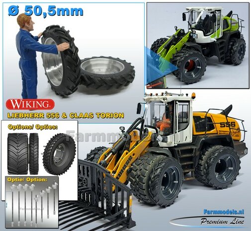 &Oslash; 50.5 mm: LIEBHERR L 556/ CLAAS Torion Wiking: 2x Dubbellucht Shovel banden  + Alu. velgen, passen in de standaard velgen shovel Wiking  1:32         