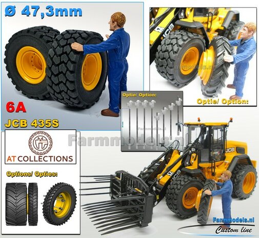 &Oslash; 47.3 mm: JCB 435S AT: 2x brede Shovel banden + ALUMINIUM velgen JCB GEEL Gespoten geleverd geschikt voor JCB 435 serie Agri Collectables 1:32         
