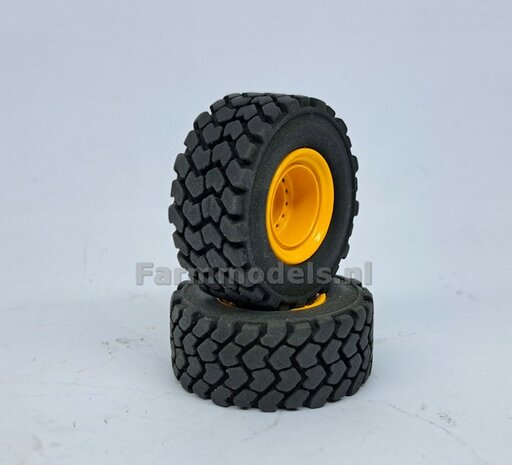 &Oslash; 47.3 mm: JCB 435S AT: 2x brede Shovel banden + ALUMINIUM velgen JCB GEEL Gespoten geleverd geschikt voor JCB 435 serie Agri Collectables 1:32         
