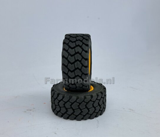 &Oslash; 47.3 mm: JCB 435S AT: 2x brede Shovel banden + ALUMINIUM velgen JCB GEEL Gespoten geleverd geschikt voor JCB 435 serie Agri Collectables 1:32         