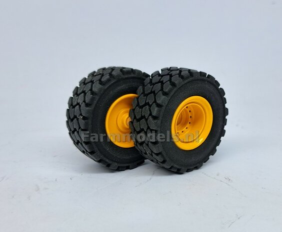 &Oslash; 47.3 mm: JCB 435S AT: 2x brede Shovel banden + ALUMINIUM velgen JCB GEEL Gespoten geleverd geschikt voor JCB 435 serie Agri Collectables 1:32         